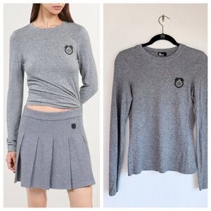 NEW The Kooples Womens Patch Detail Long Sleeve Viscose-Wool Blend Tee in Grey S